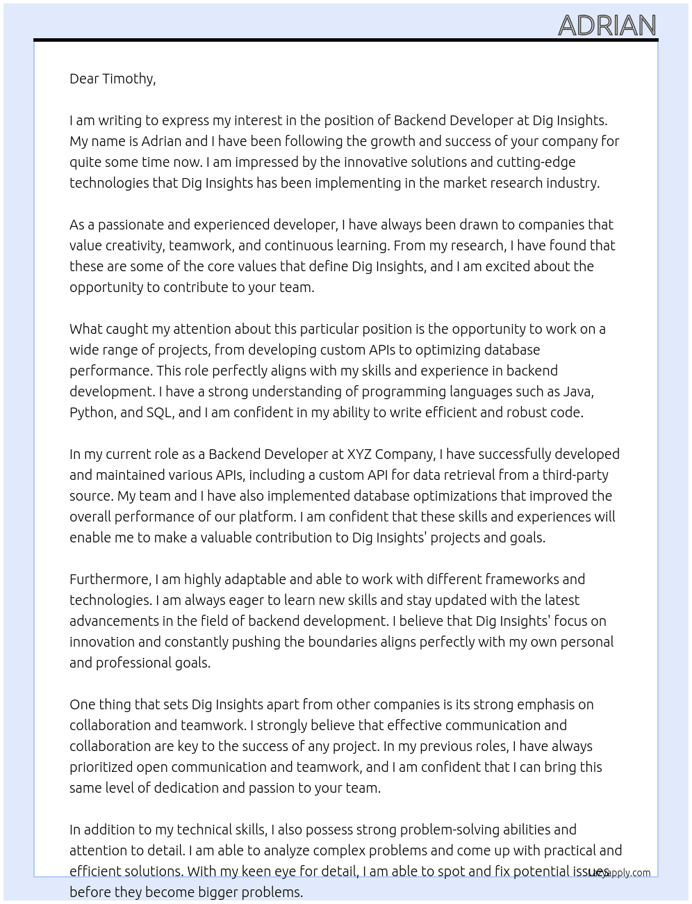 Backend Developer At Dig Insights Cover Letter