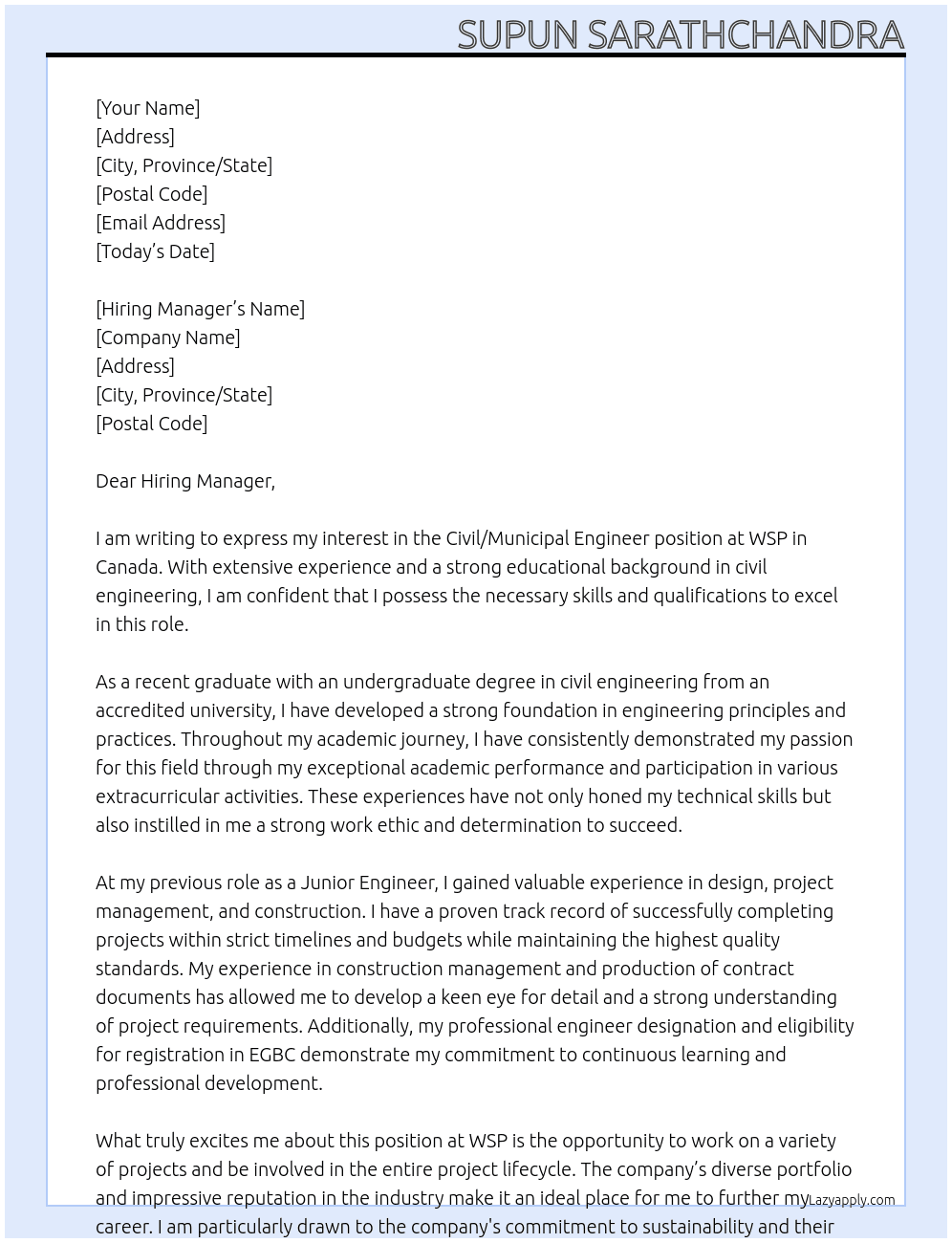 Civil / Municipal Engineer  At WSP in Canada Cover Letter