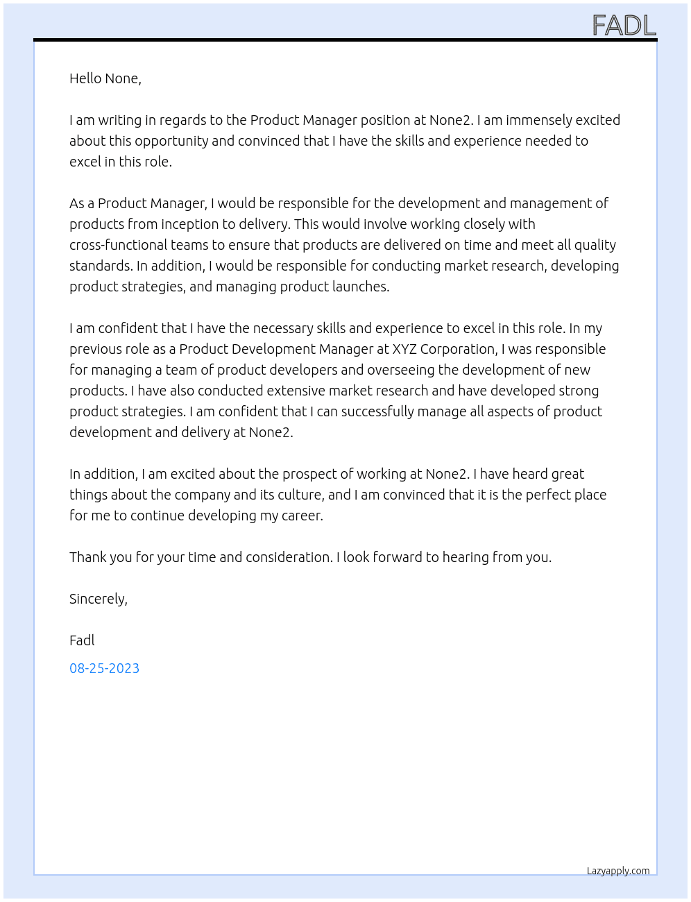 Product Manager At None2 Cover Letter