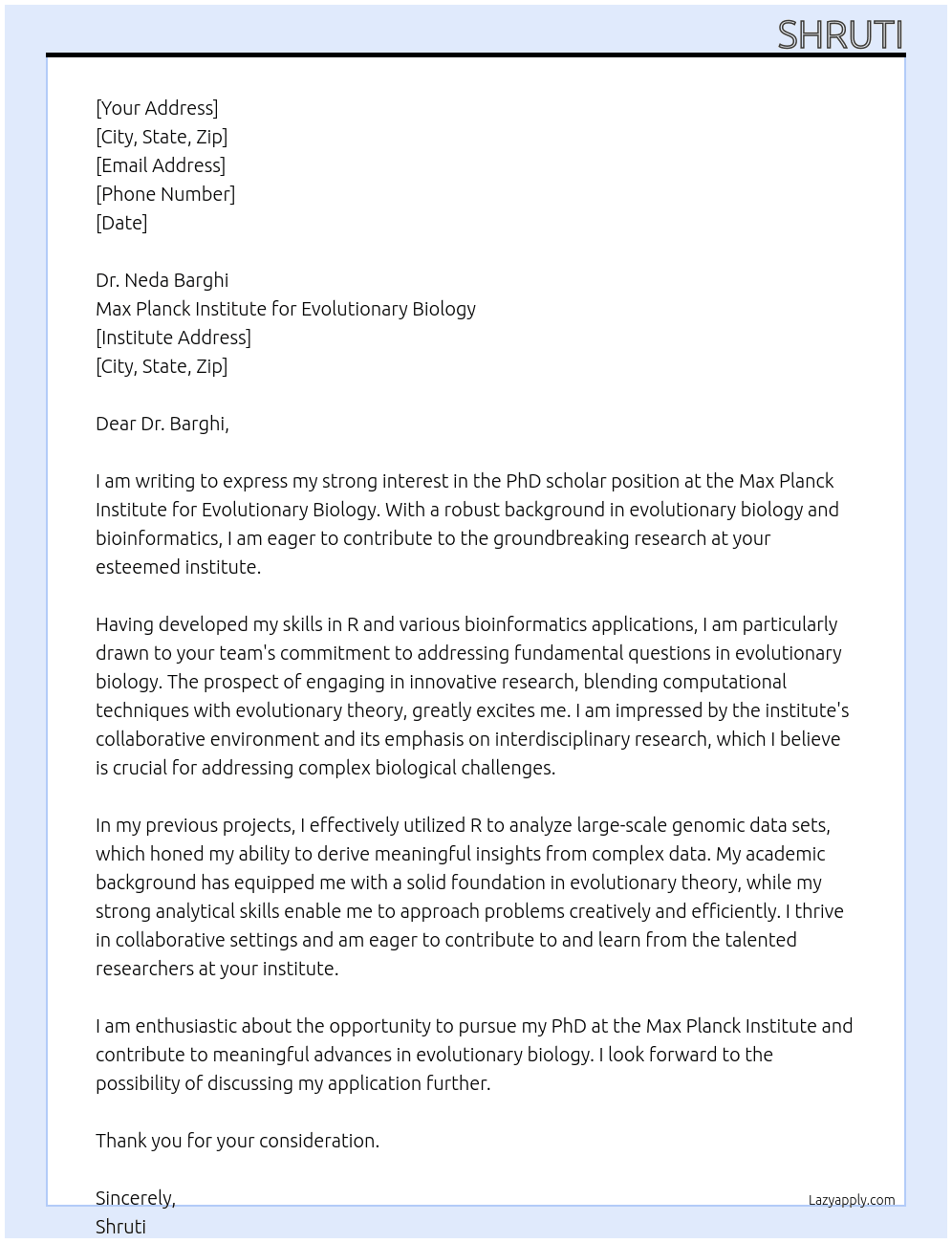 PhD scholar At Max Planck Institute for Evolutionary Biology Cover Letter