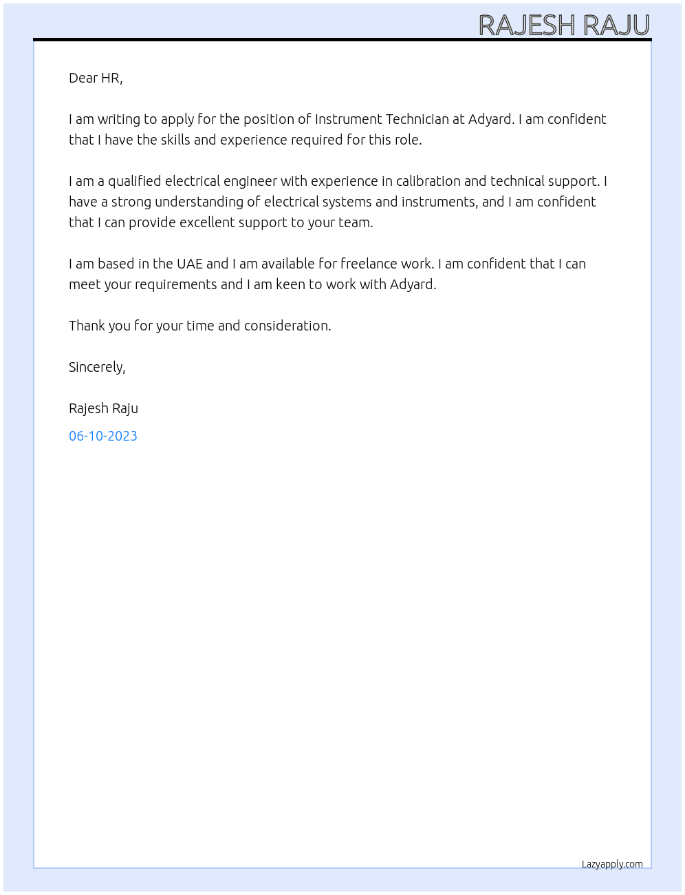 INSTRUMENT TECHNICIAN At ADYARD  Cover Letter
