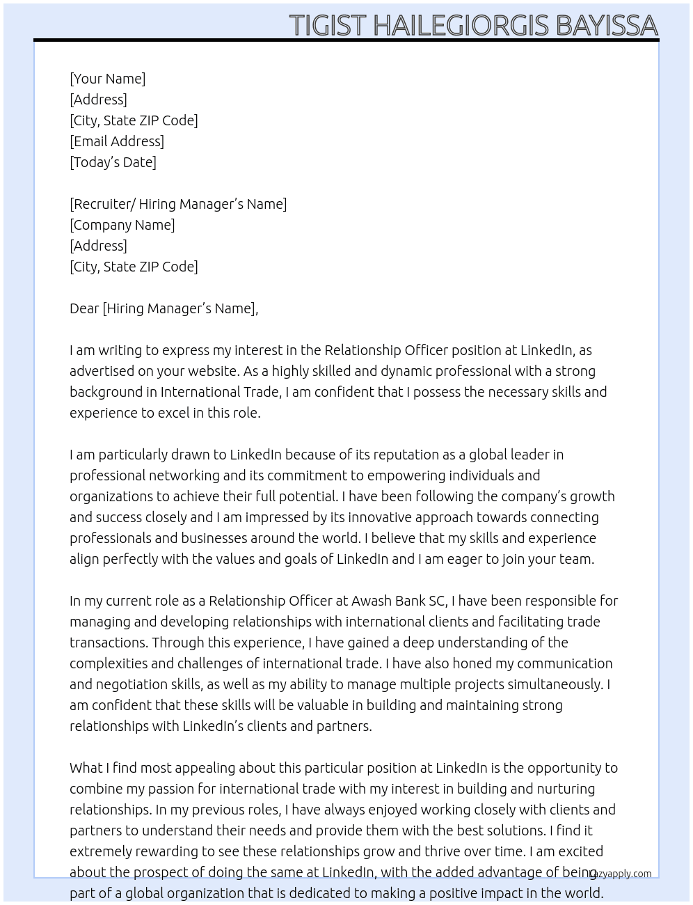 Relationship Officer At linkdin Cover Letter