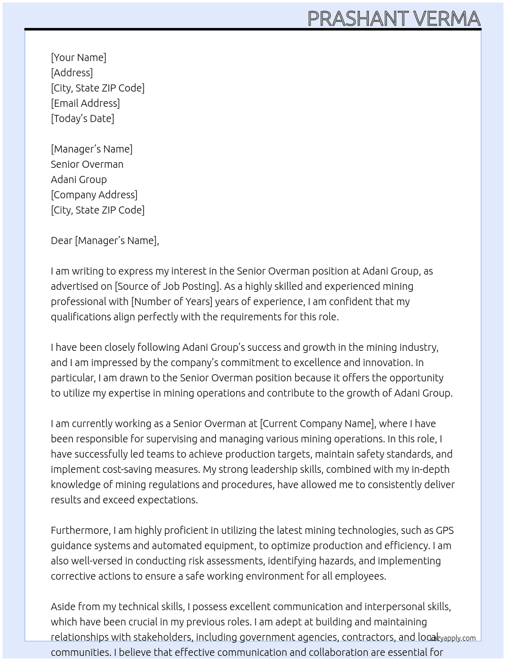 Senior overman At Adani group Cover Letter