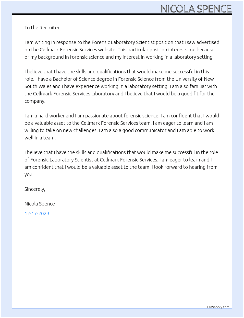 Forensic Laboratory Scientist At Cellmark Forensic Services Cover Letter