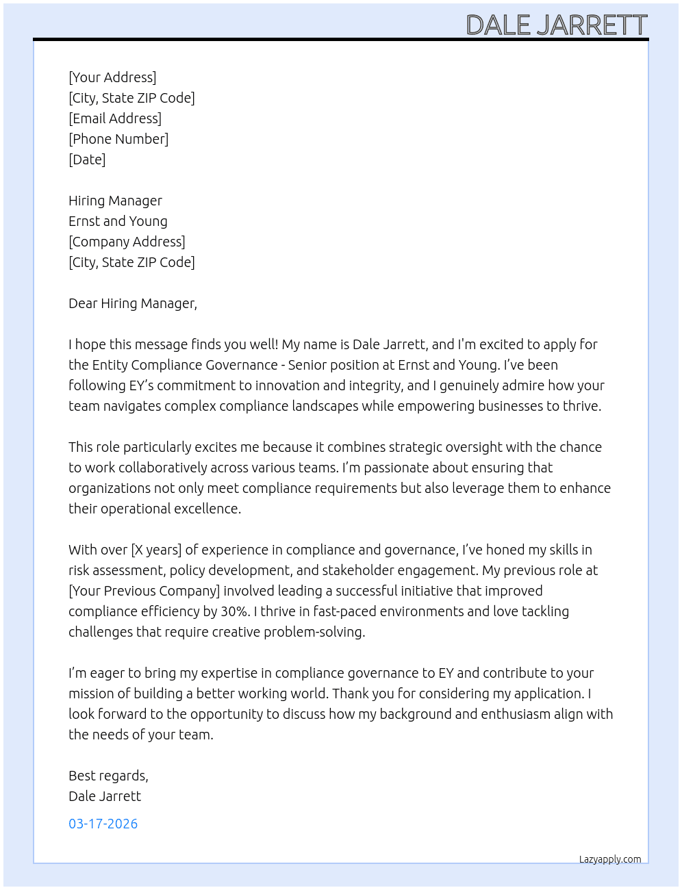 Entity Compliance Governance - Senior At Ernst and Young Cover Letter