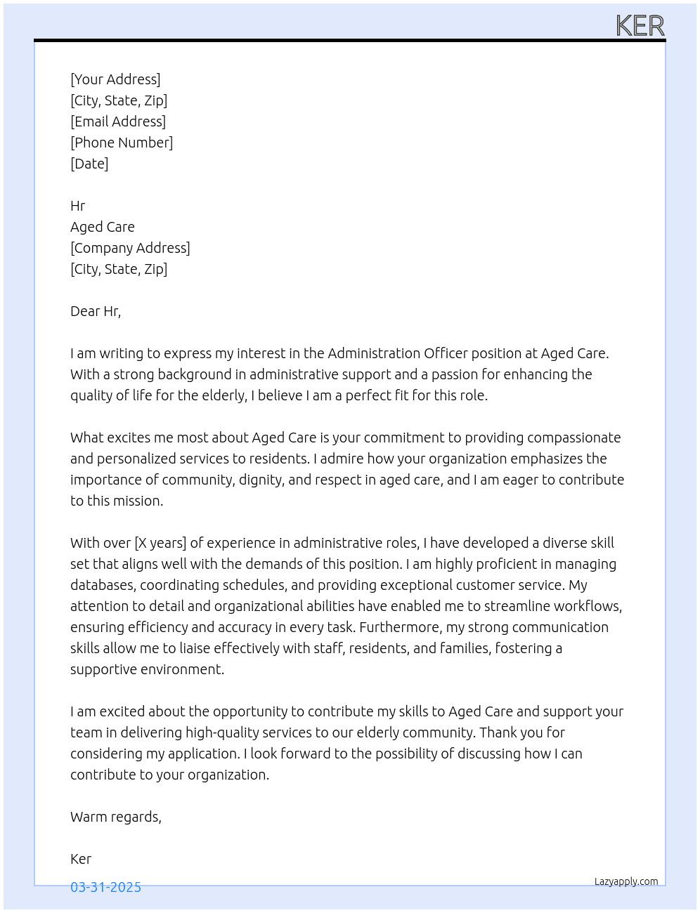 Administration officer  At Aged care Cover Letter