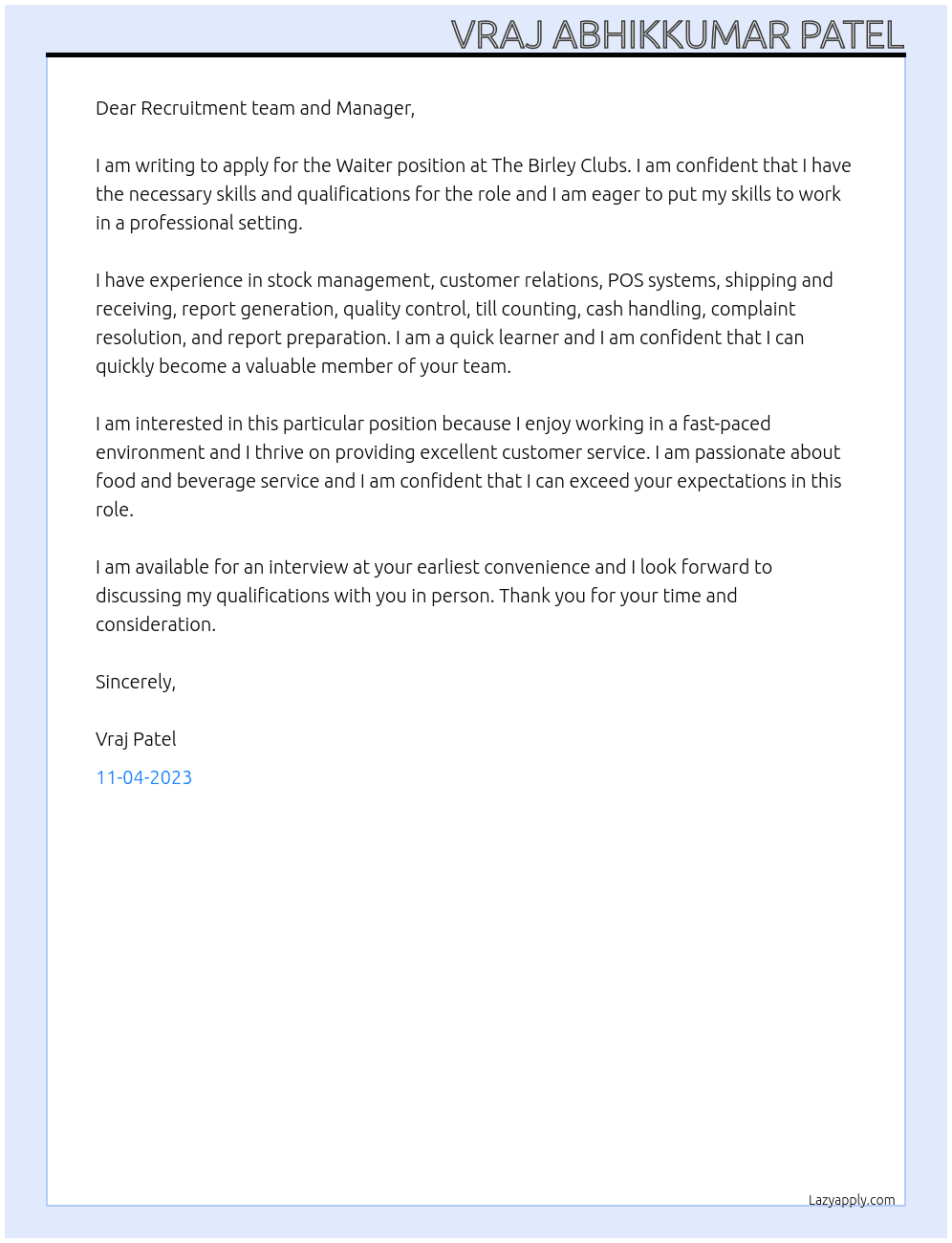 Waiter At The Birley Clubs Cover Letter