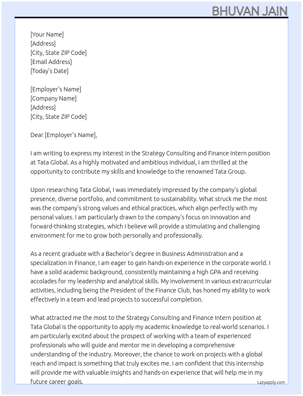 Strategy Consulting and Finance Intern At Tata Global Cover Letter