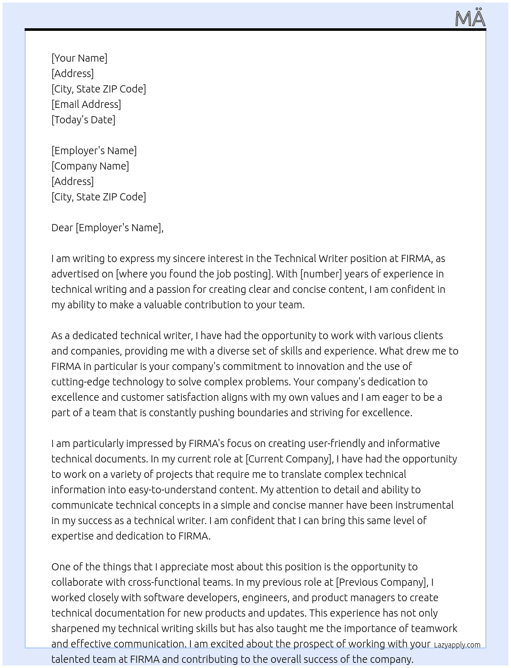 Technical writer At FIRMA Cover Letter