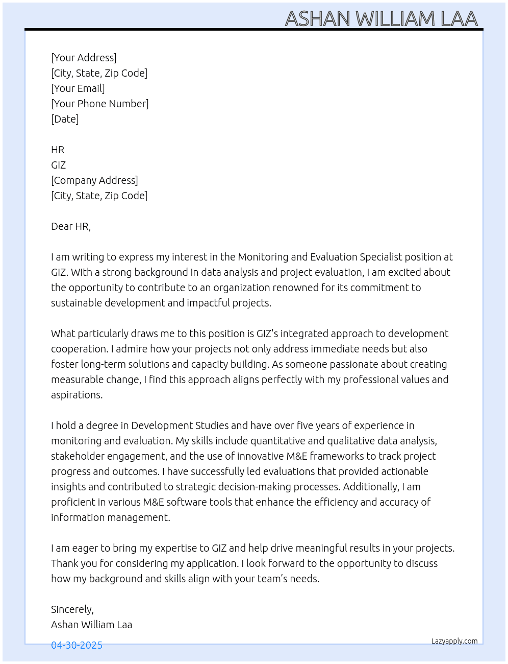 Cover letter for monitoring and evaluation specialist - LazyApply