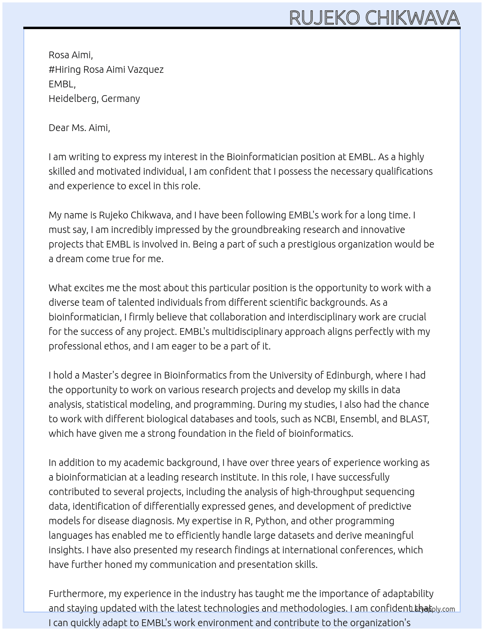 Bioinformatician At EMBL Cover Letter