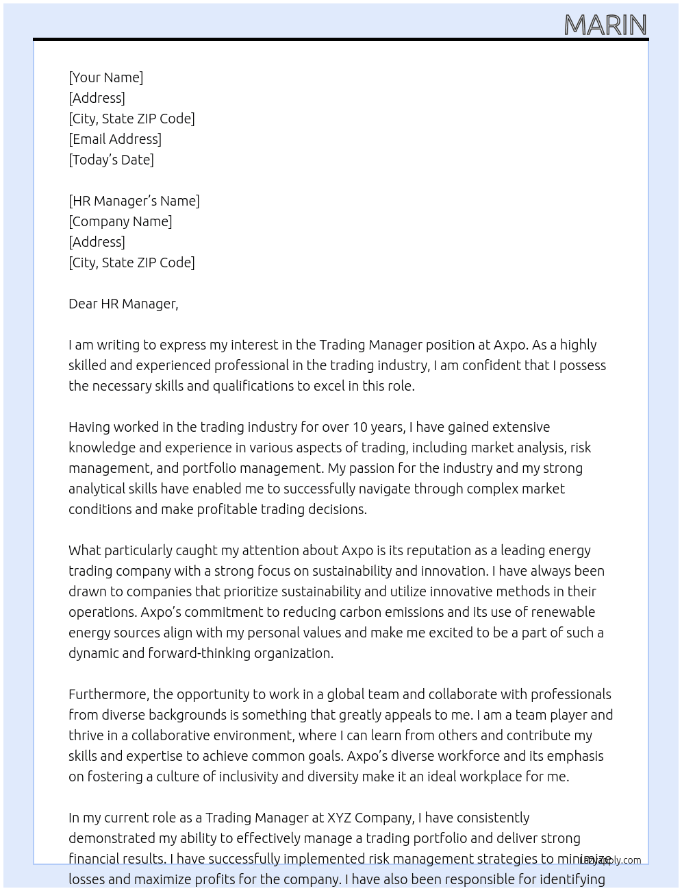 Trading Manager At Axpo Cover Letter