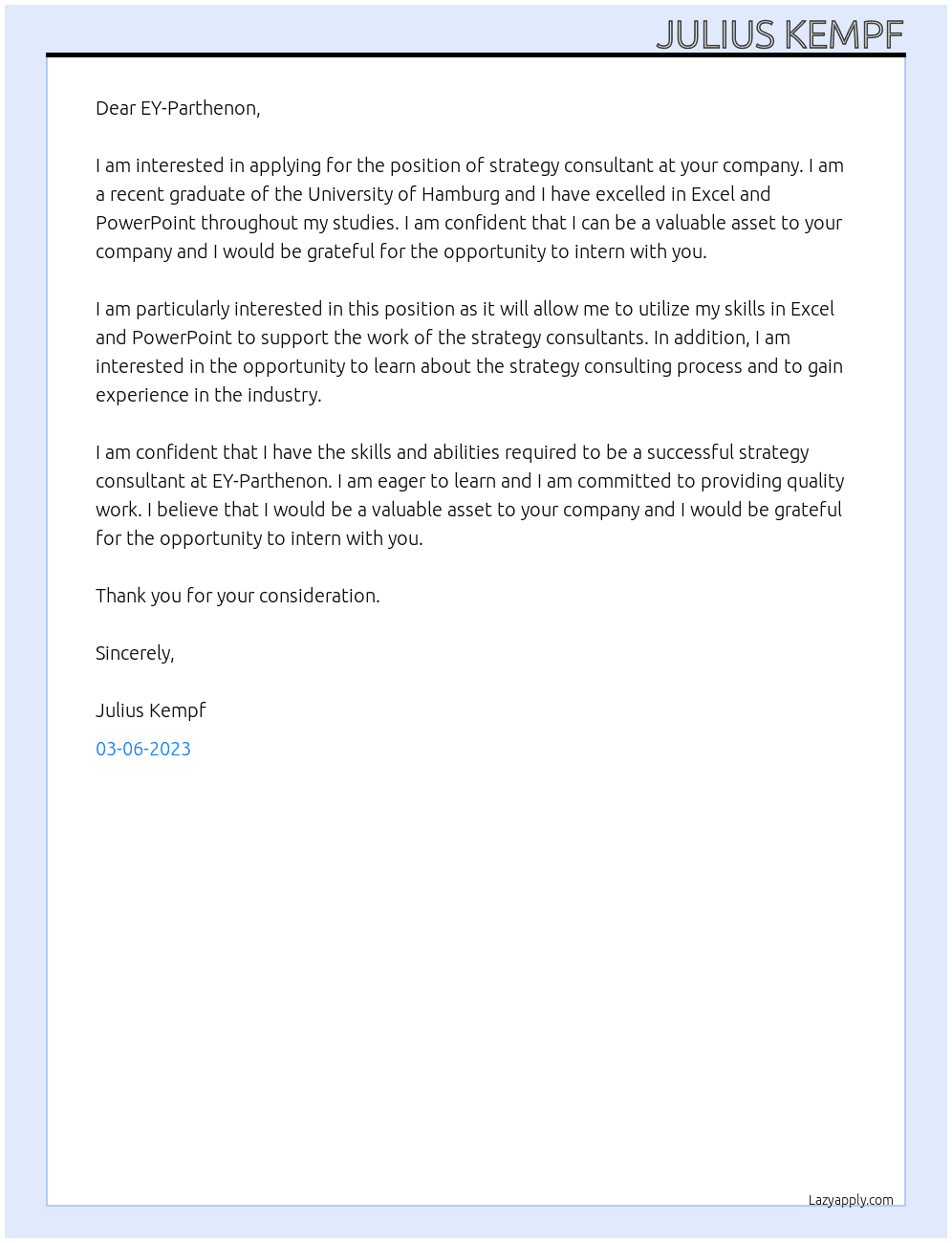Strategy consultant At EY-Parthenon Cover Letter