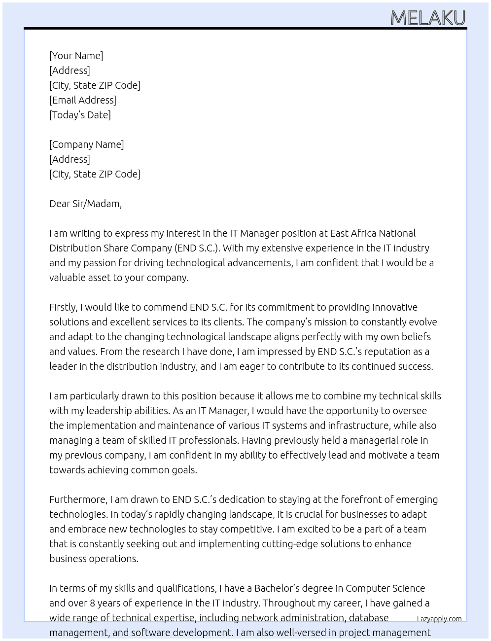 IT Manager  At East Africa National Distribution Share Company (END S.C.) Cover Letter