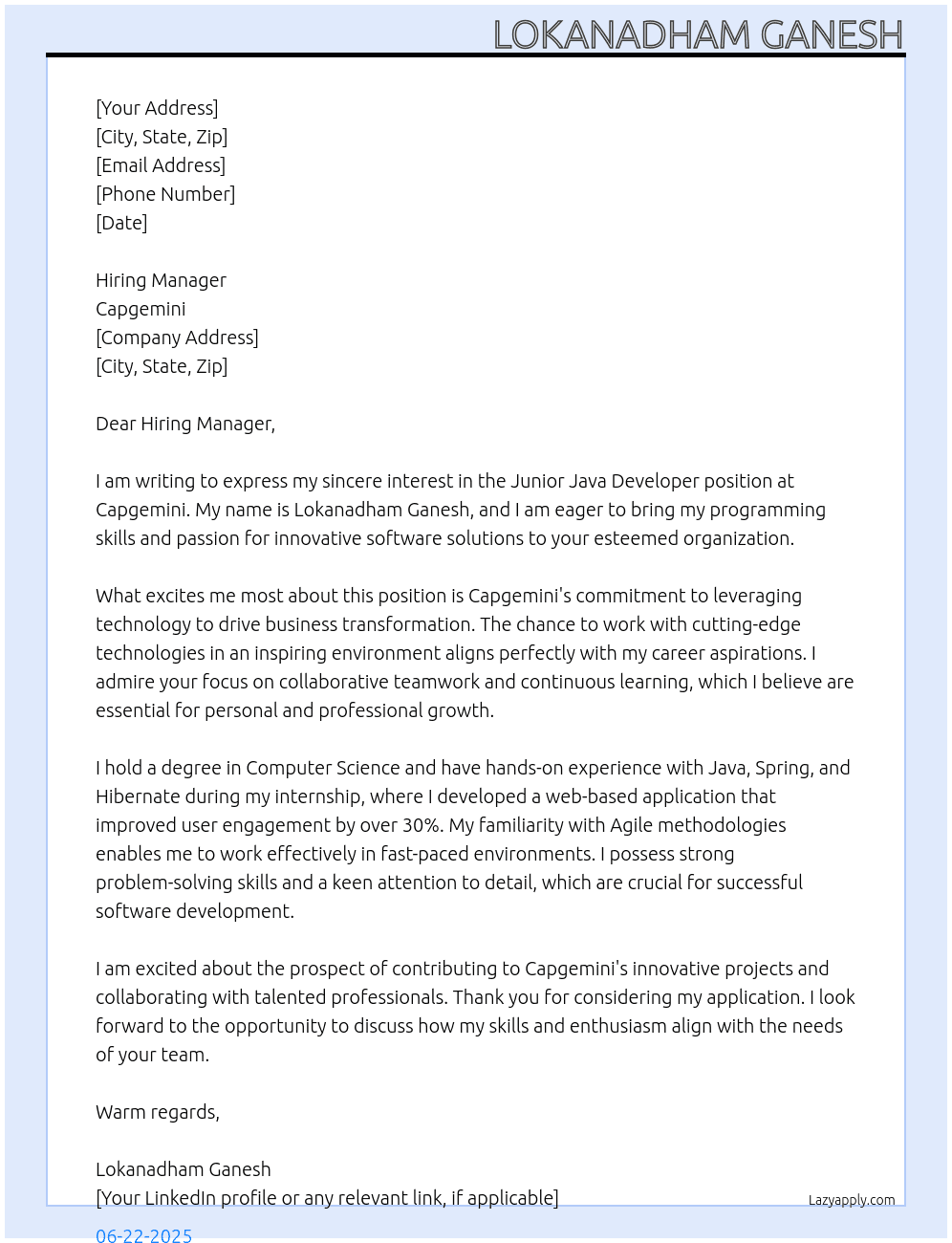 Junior java developer At Capgemini Cover Letter