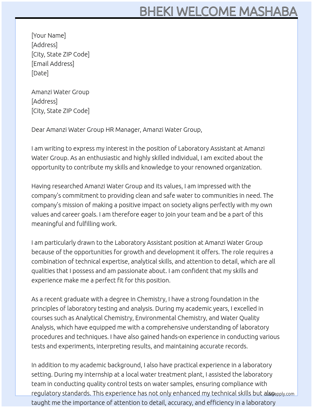Laboratory Assistant  At Amanzi Water Group  Cover Letter