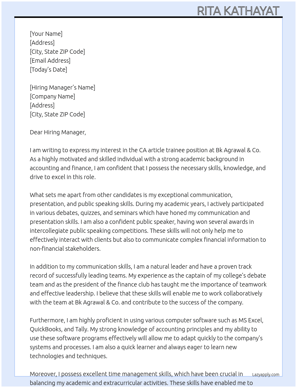 CA article trainee  At Bk Agrawal & co. Cover Letter