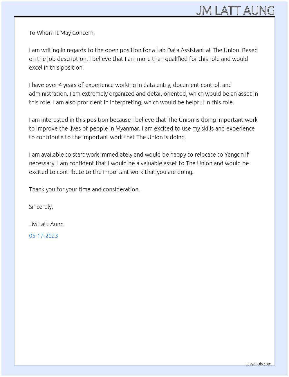 Lab data Assistant At The Union Cover Letter