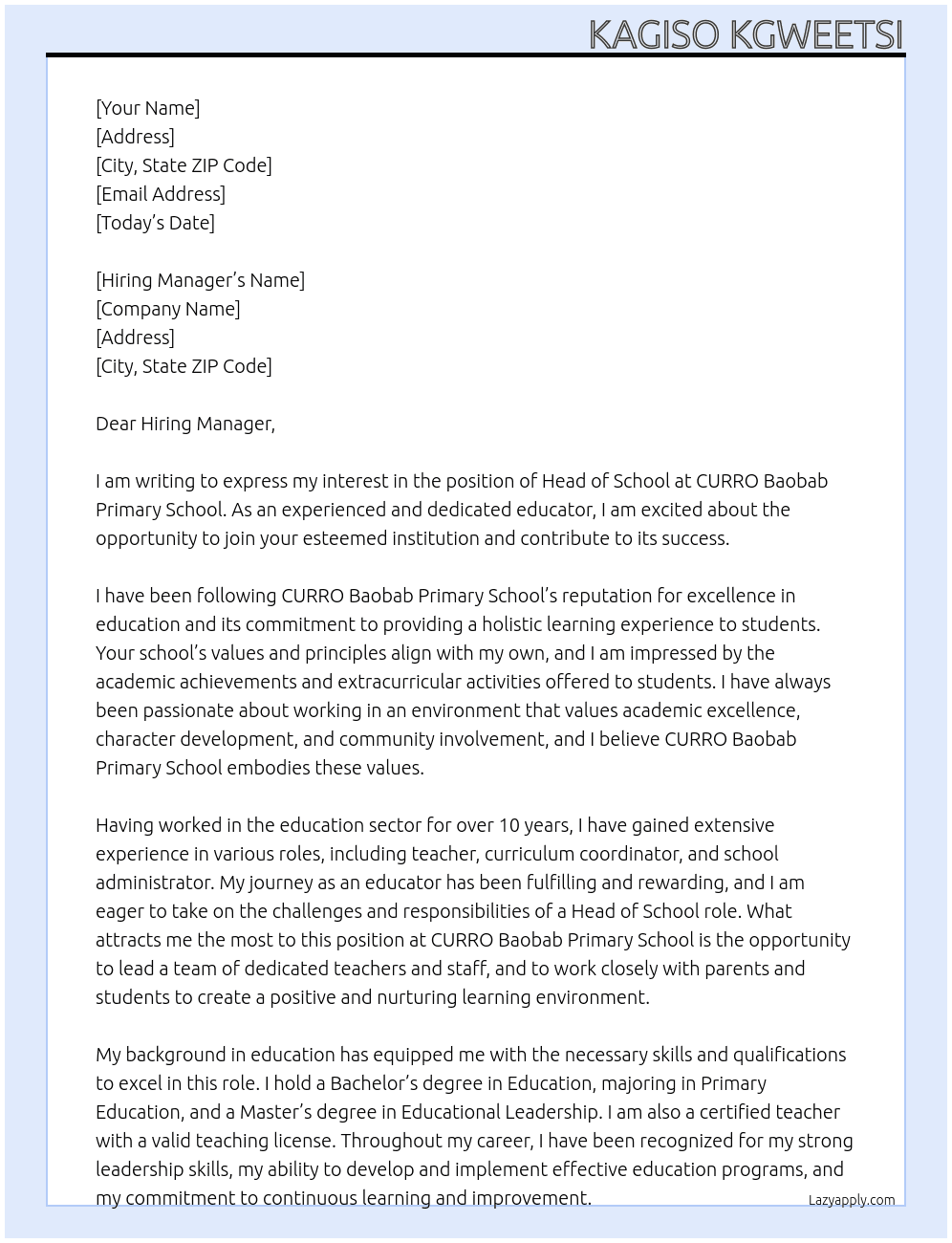 Head of School At CURRO Baobab Primary School Cover Letter