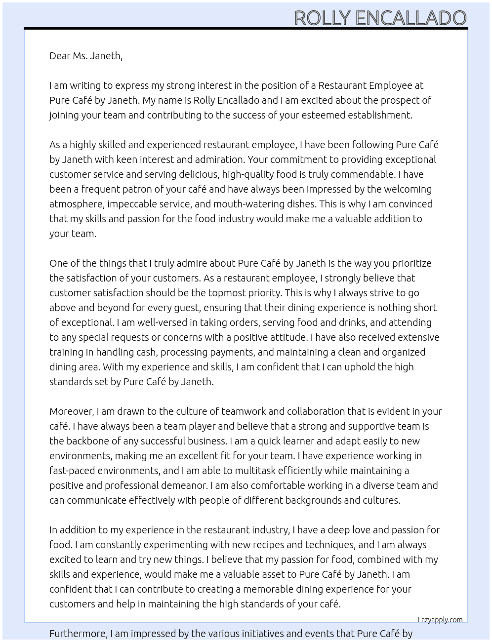 Restaurant employee At Pure Cafè by Janeth Cover Letter