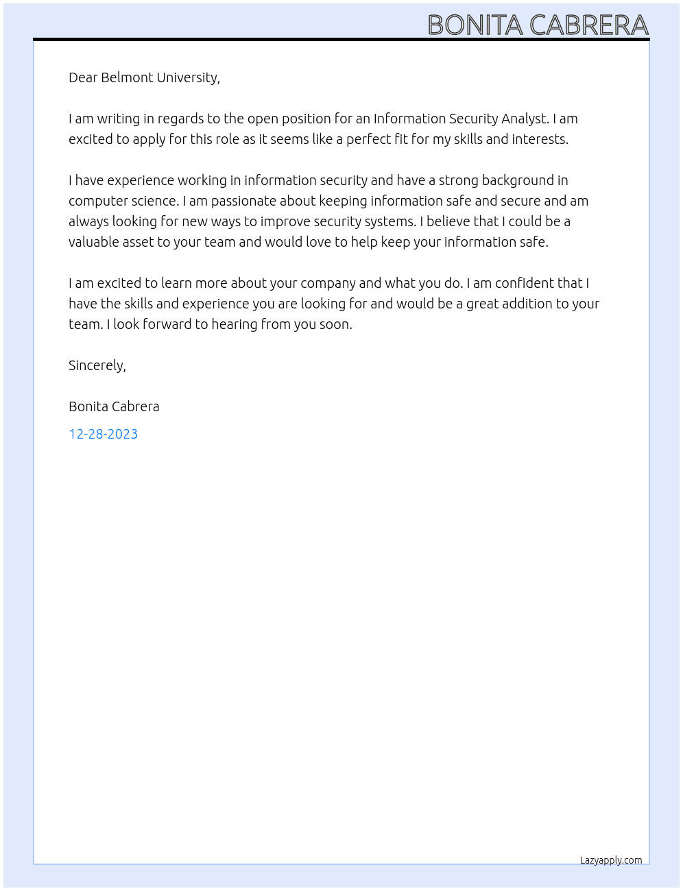 Information Security Analyst At Belmont University  Cover Letter