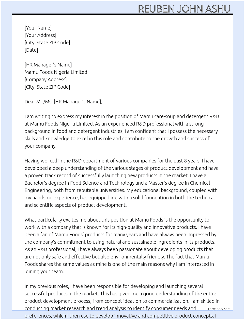 Mamu care-soup and detergent R&D At Mamu Foods Nigeria Limited  Cover Letter
