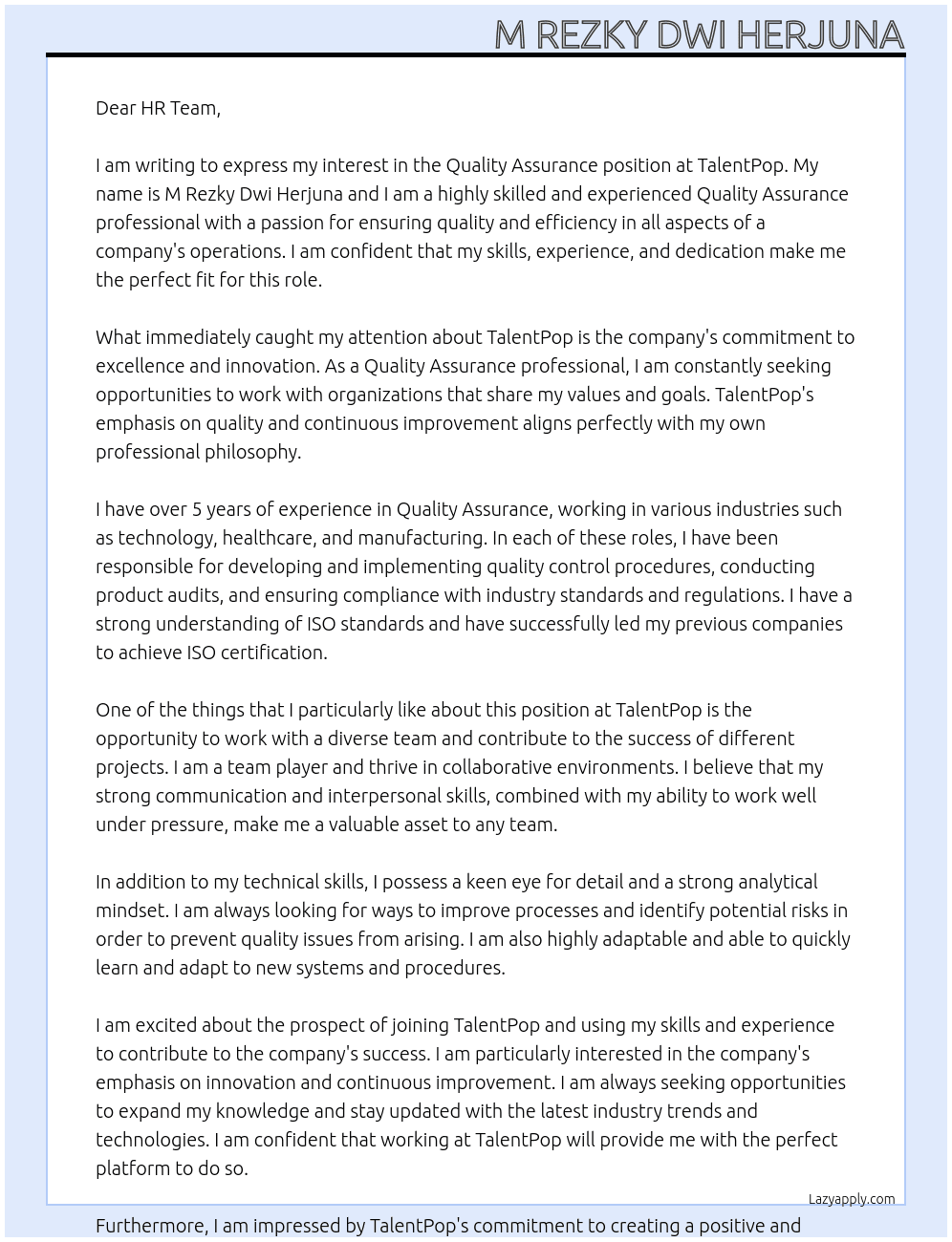 Quality Assurance At TalentPop Cover Letter