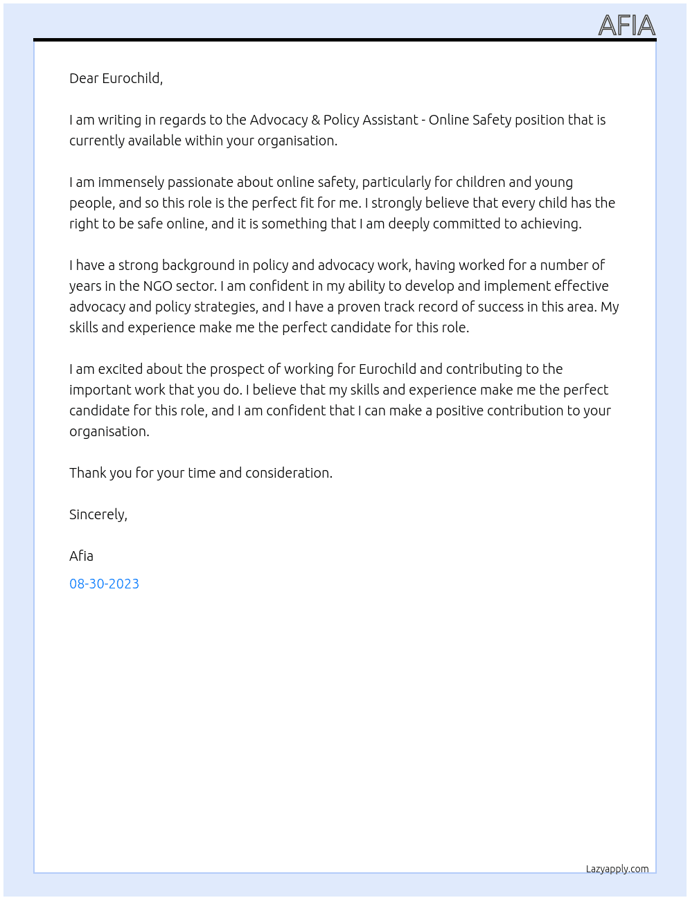 Advocacy & Policy Assistant - Online Safety At Eurochild  Cover Letter