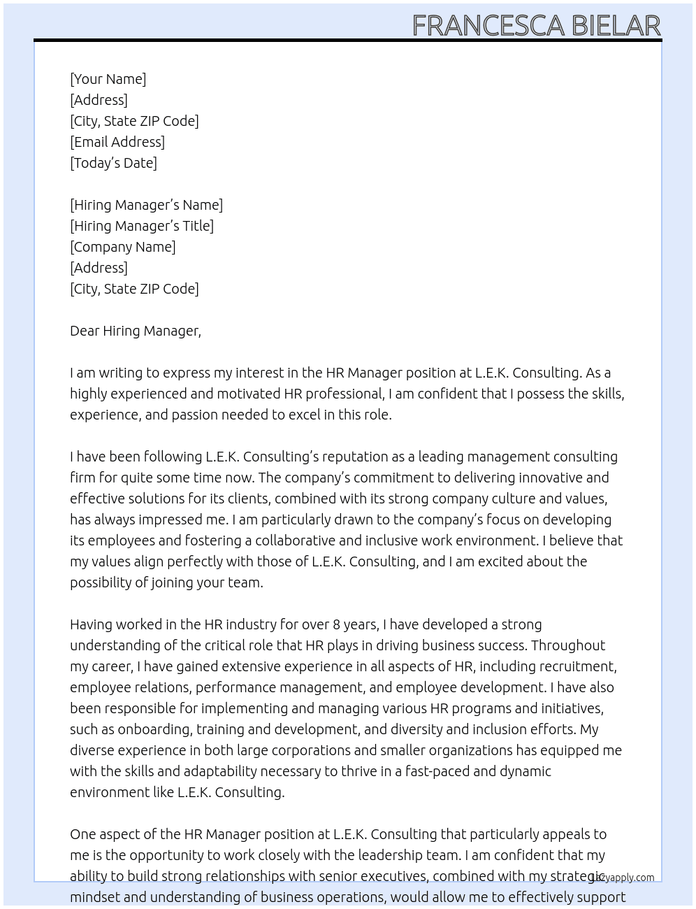 HR Manager At L.E.K. Consulting Cover Letter