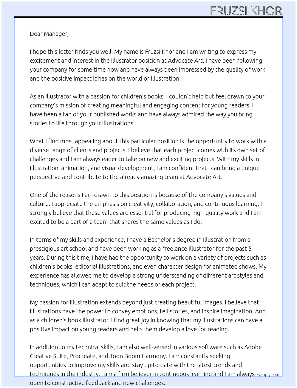 illustrator At Advocate Art Cover Letter
