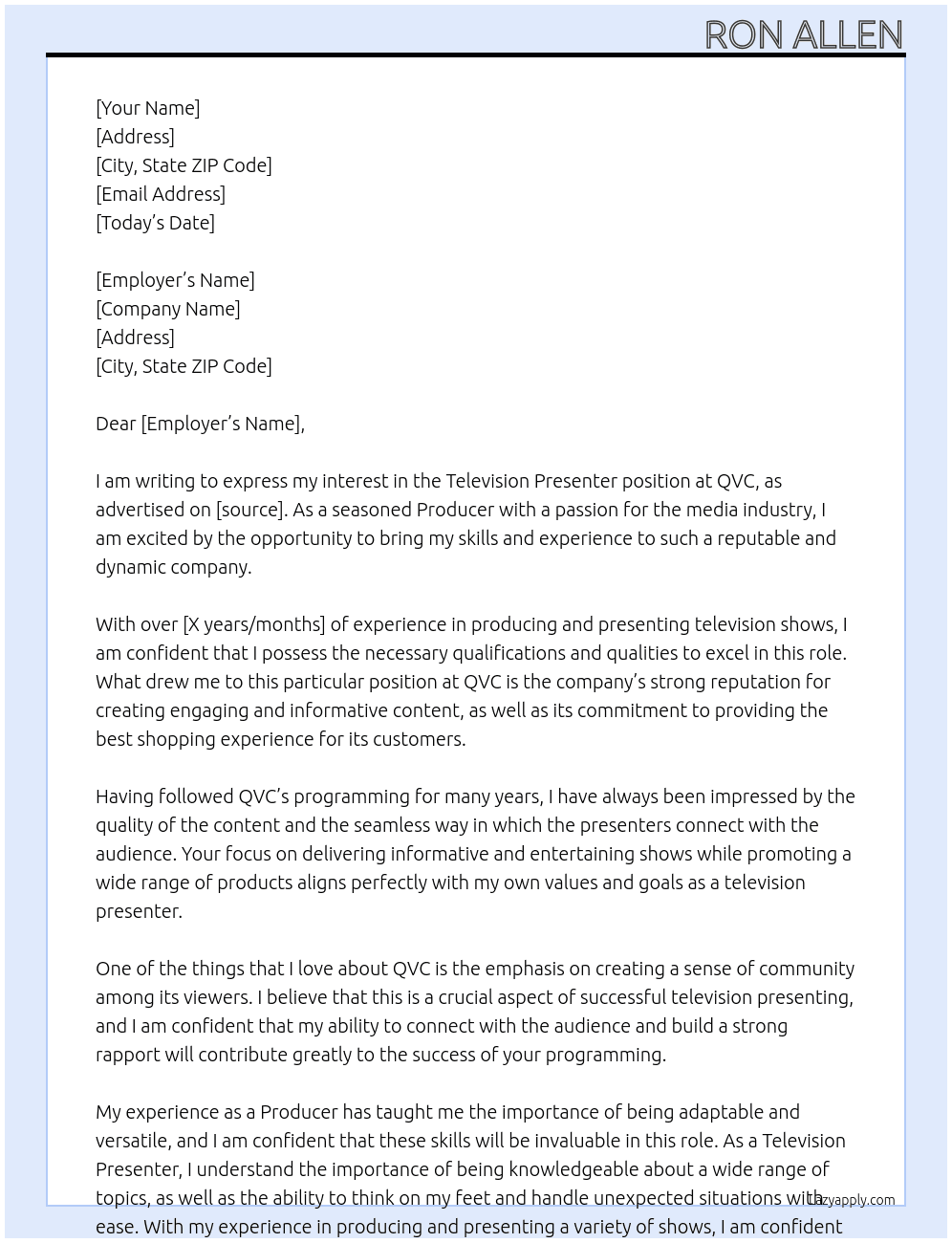 Television Presenter At QVC Cover Letter