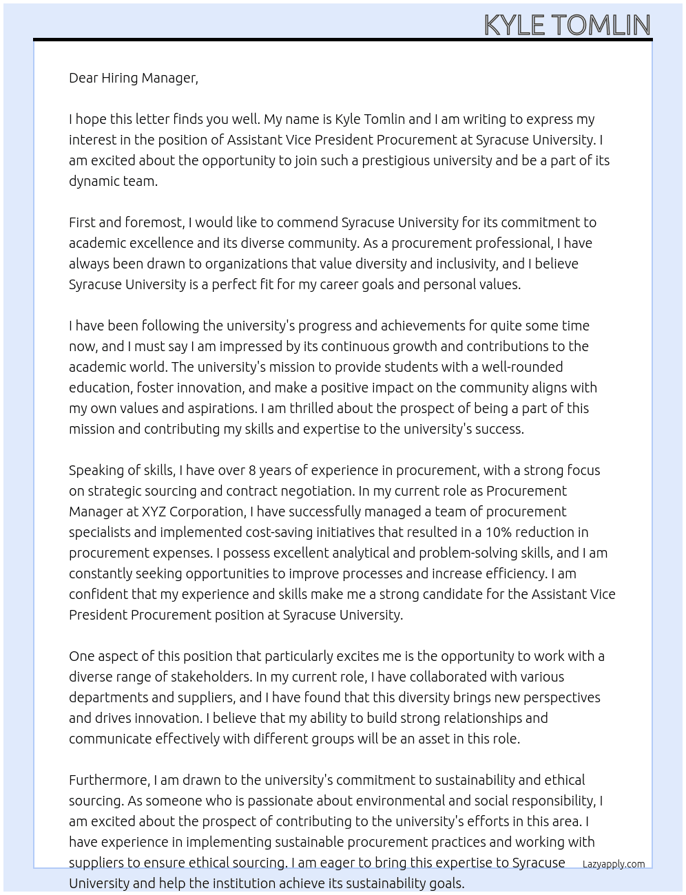 Assistant Vice President Procurement At Syracuse University Cover Letter