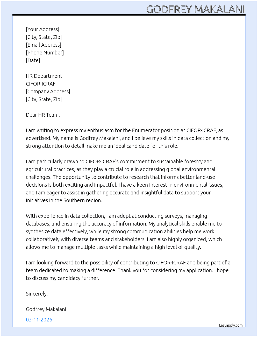 Enumerator  At Cifor icraf Cover Letter