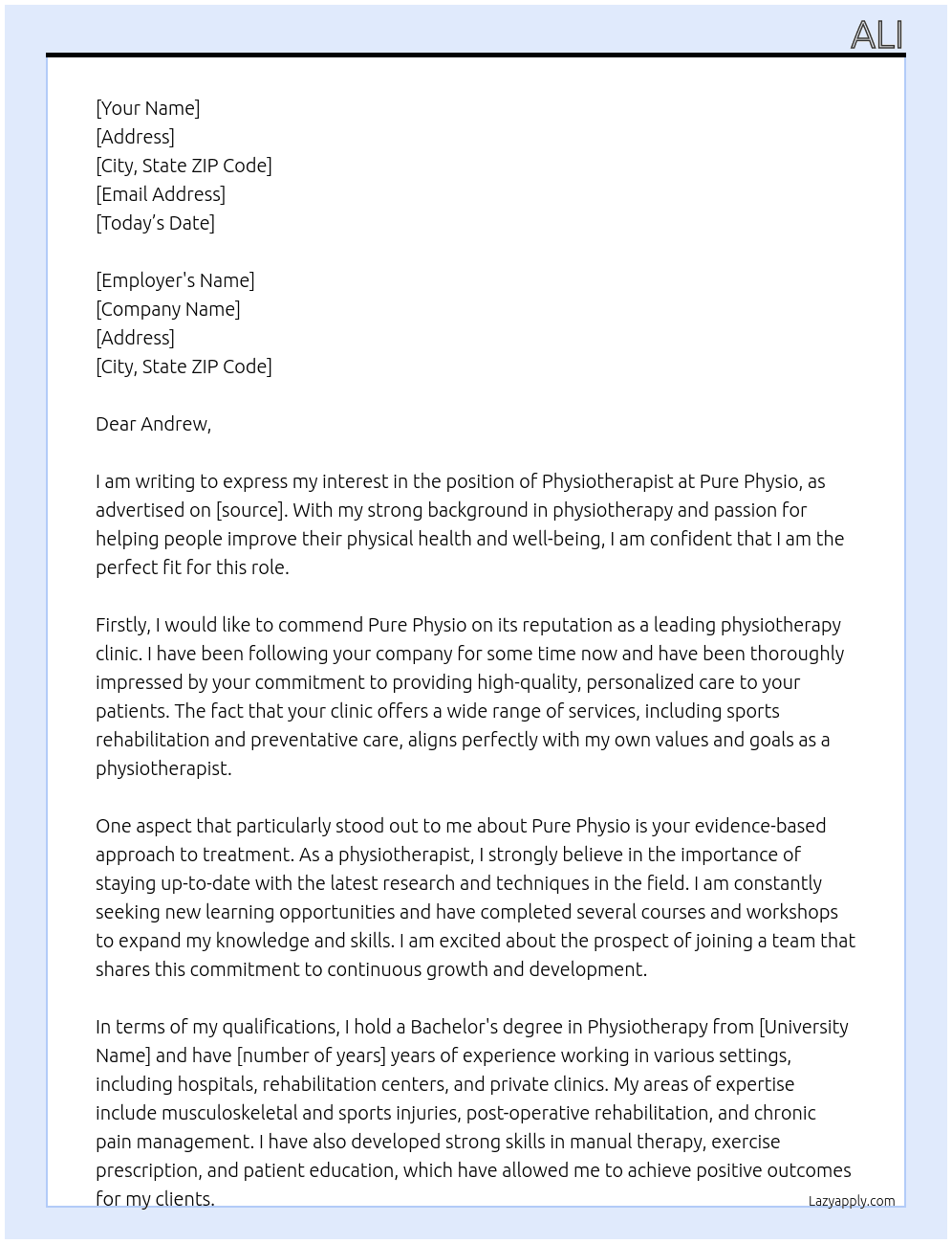 physiotherapist At Pure Physio Cover Letter