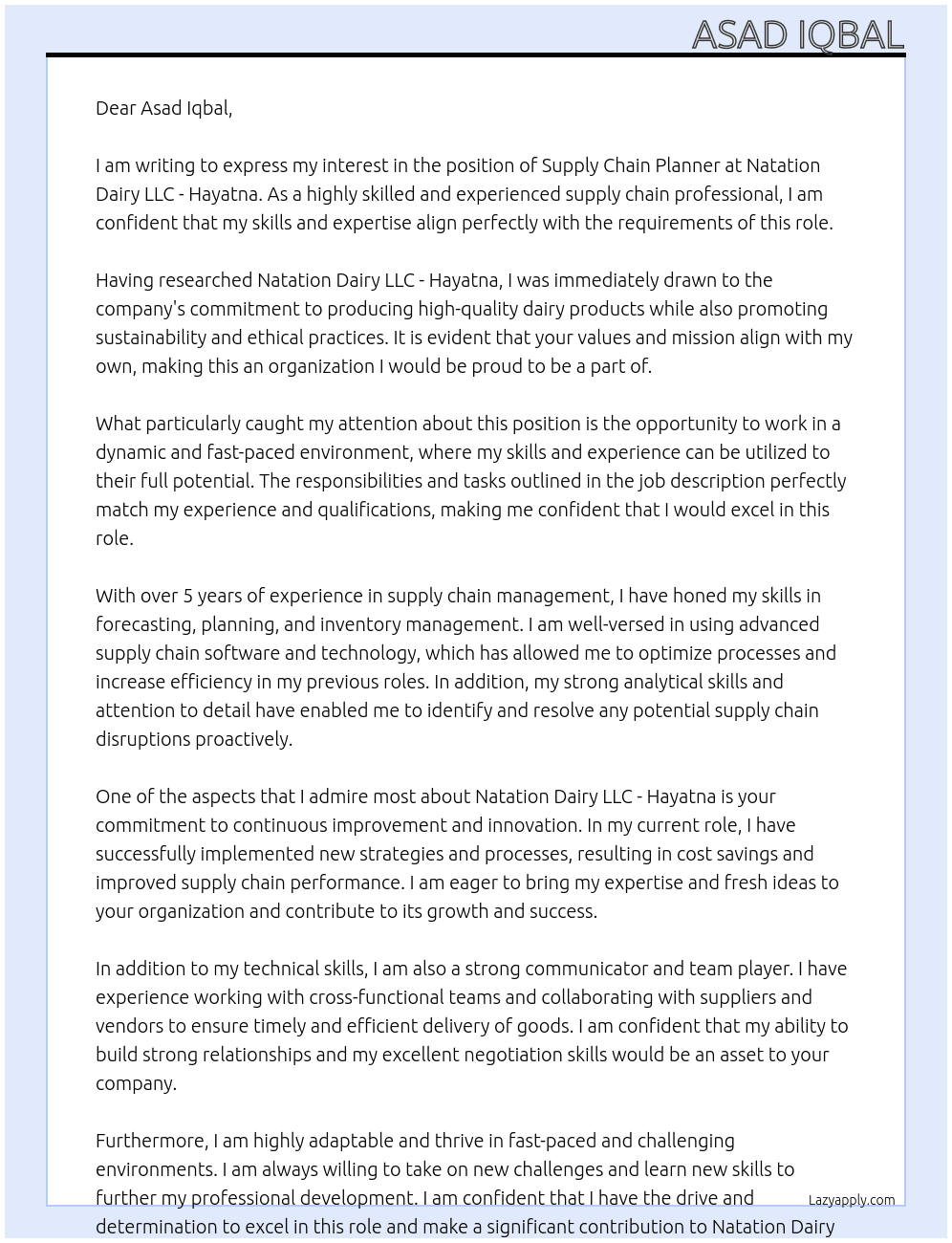 Supply chain planner At Natation Dairy LLC - Hayatna Cover Letter