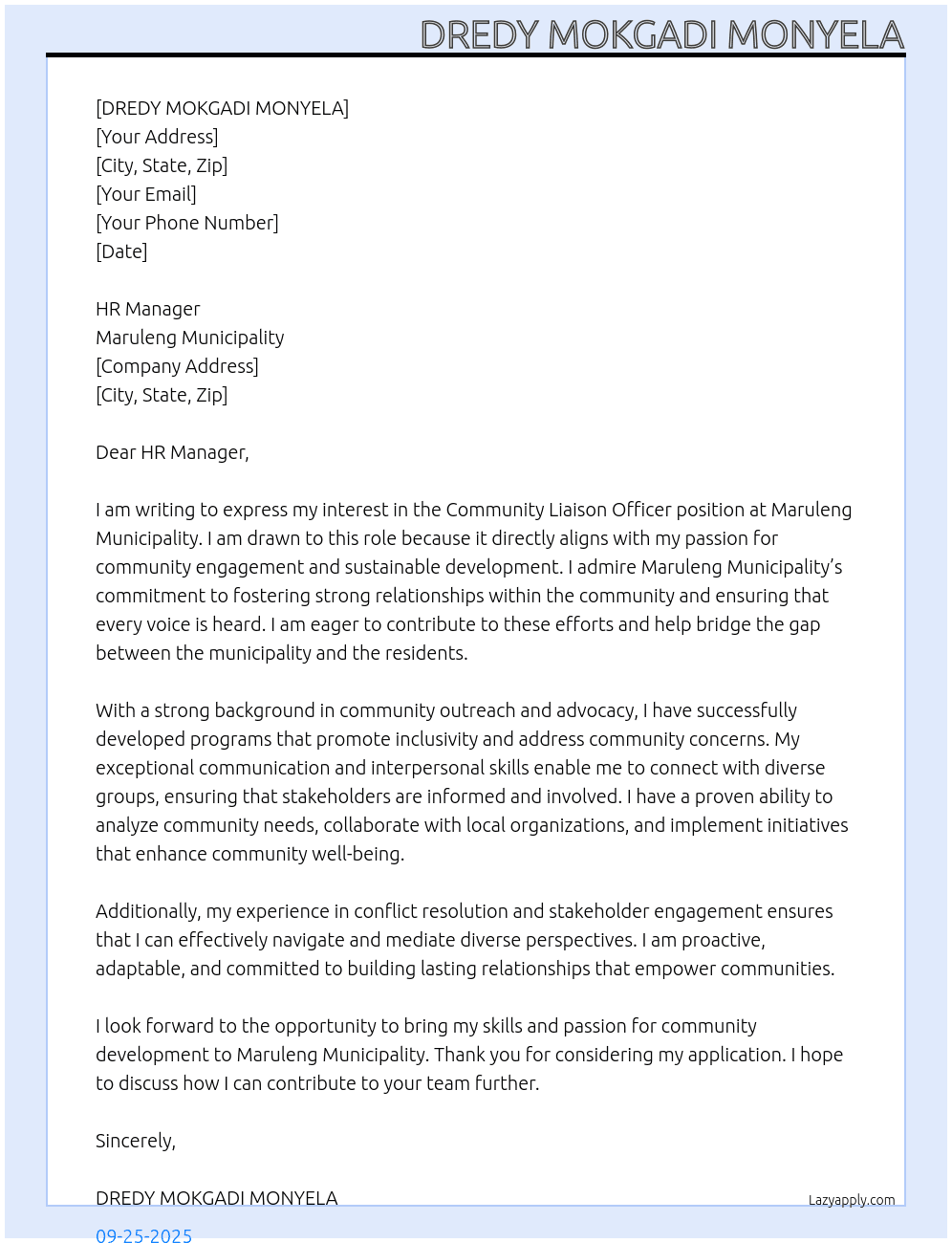 Community Liaison Officer At Maruleng Municipality Cover Letter