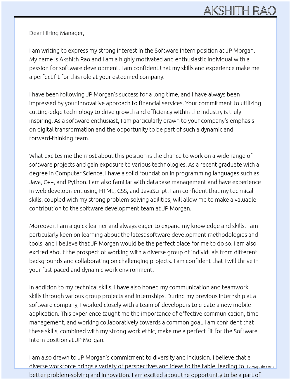 Software intern At jp morgan Cover Letter