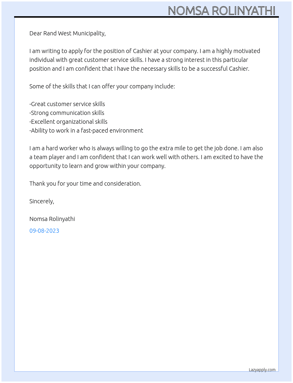 Cashier  At Cashier Cover Letter