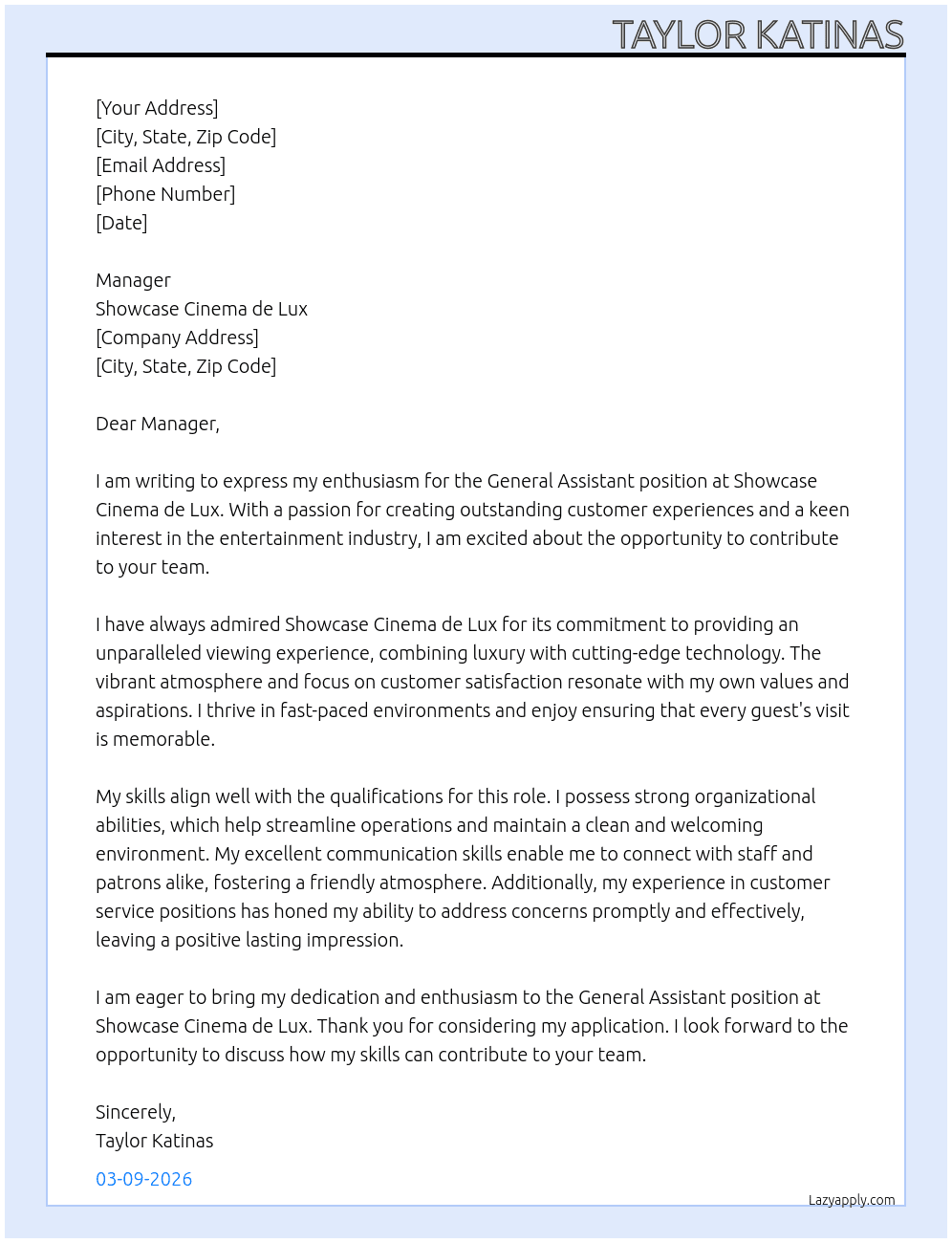 General assistant  At Showcase cinema de lux Cover Letter