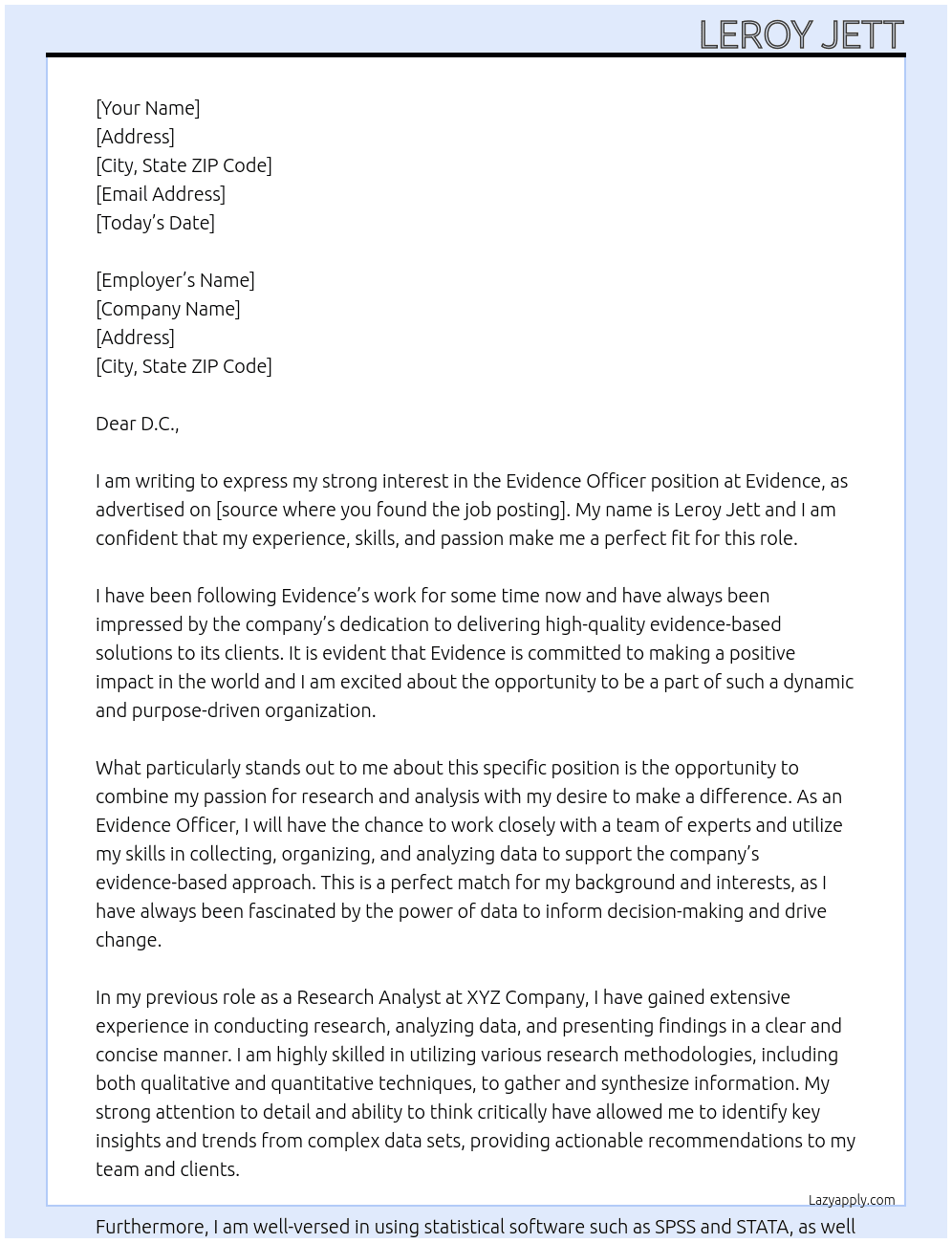 Evidence Officer At Evidence Cover Letter
