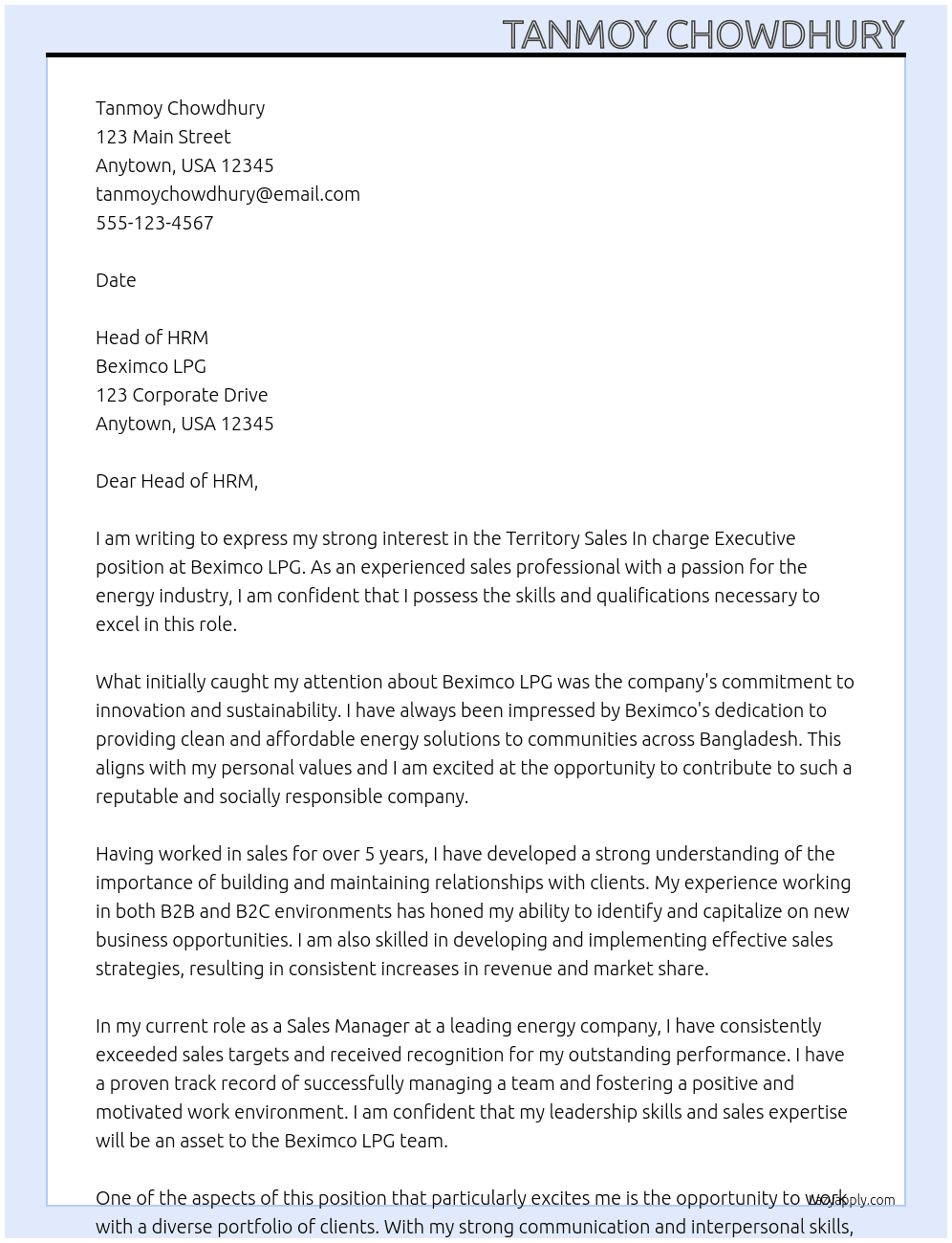 territory sales In charge executive At Beximco LPG Cover Letter