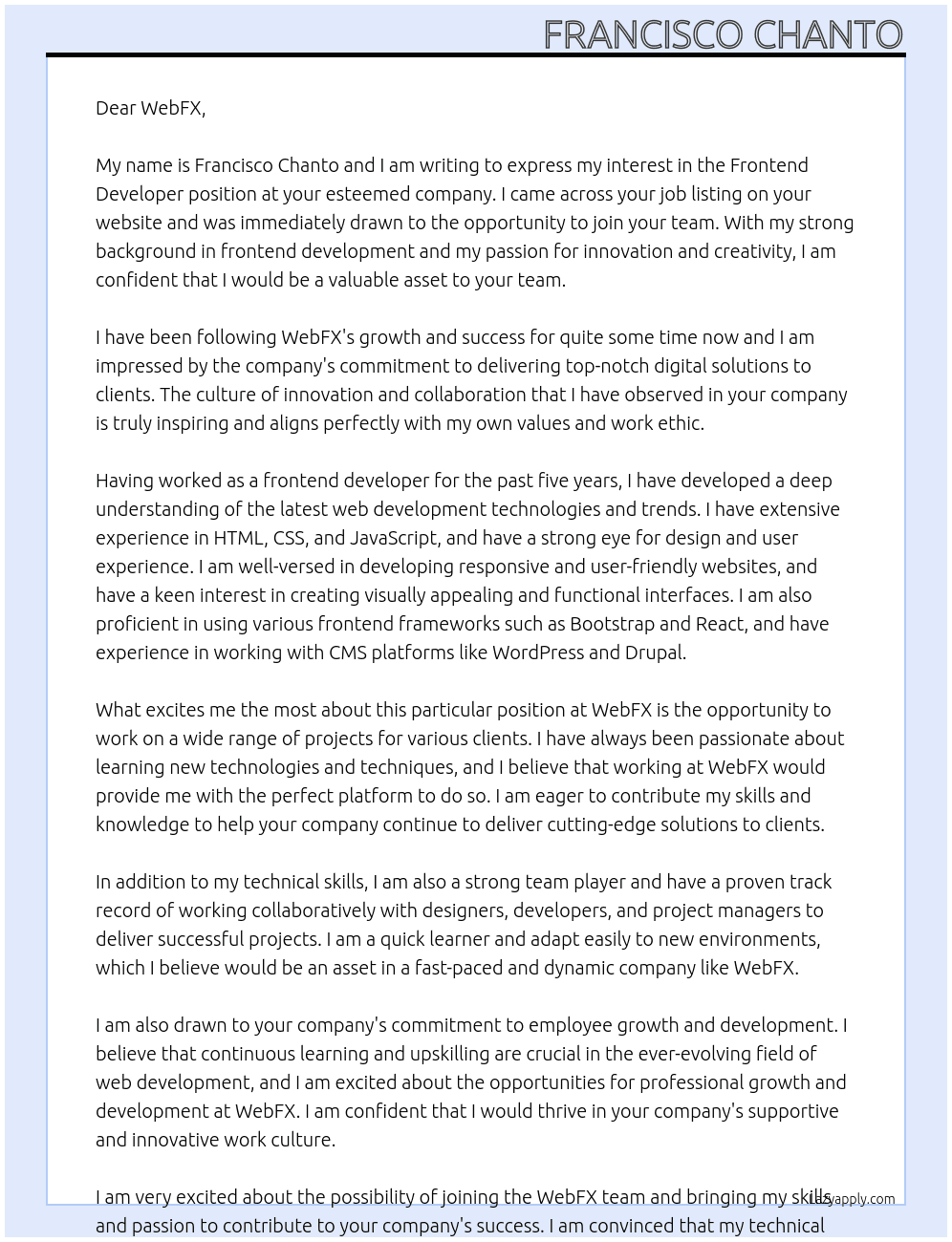 Frontend developer At WebFX Cover Letter