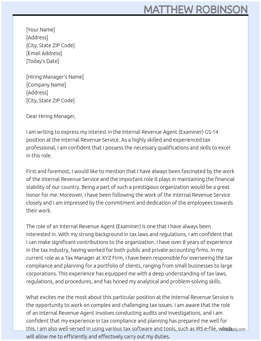 Internal Revenue Agent (Examiner) GS-14 At Internal Revenue Service Cover Letter