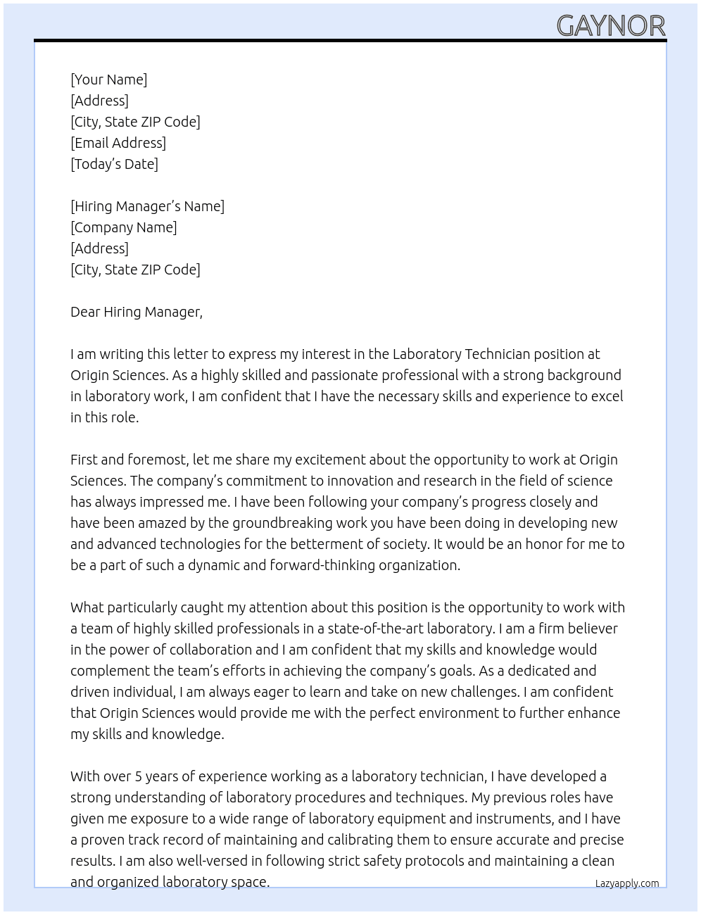 Laboratory technician At Origin sciences Cover Letter