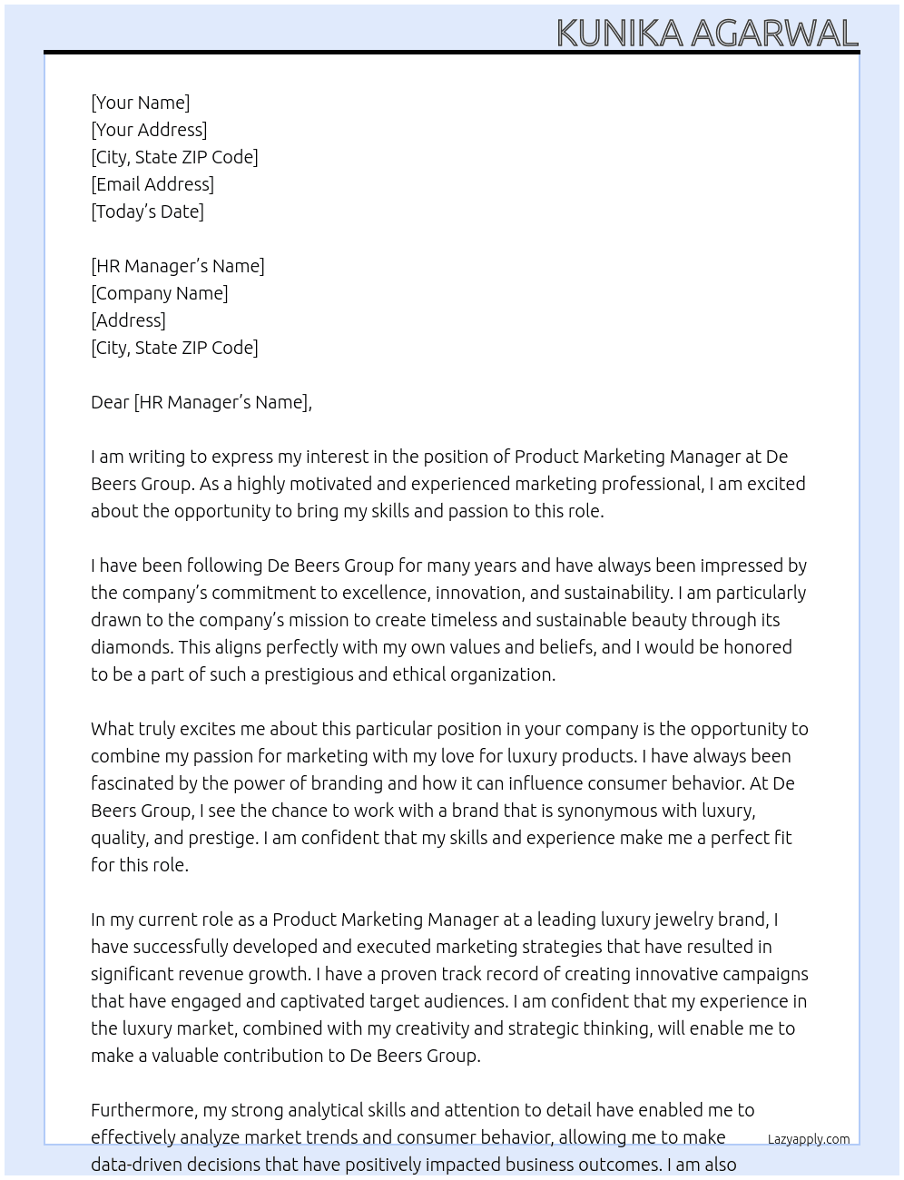 product marketing manager At de beers group Cover Letter