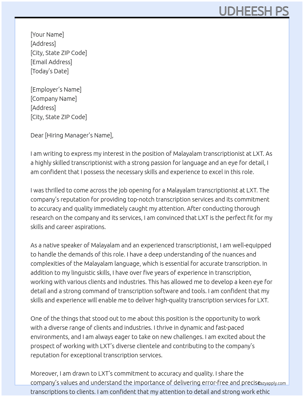 Malayalam transcriptionist At LXT Cover Letter