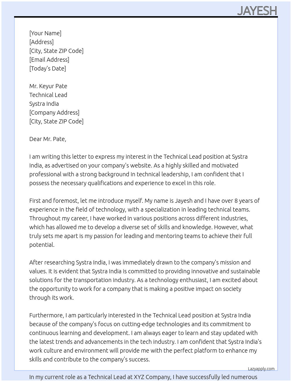 Technical lead At Systra inida Cover Letter