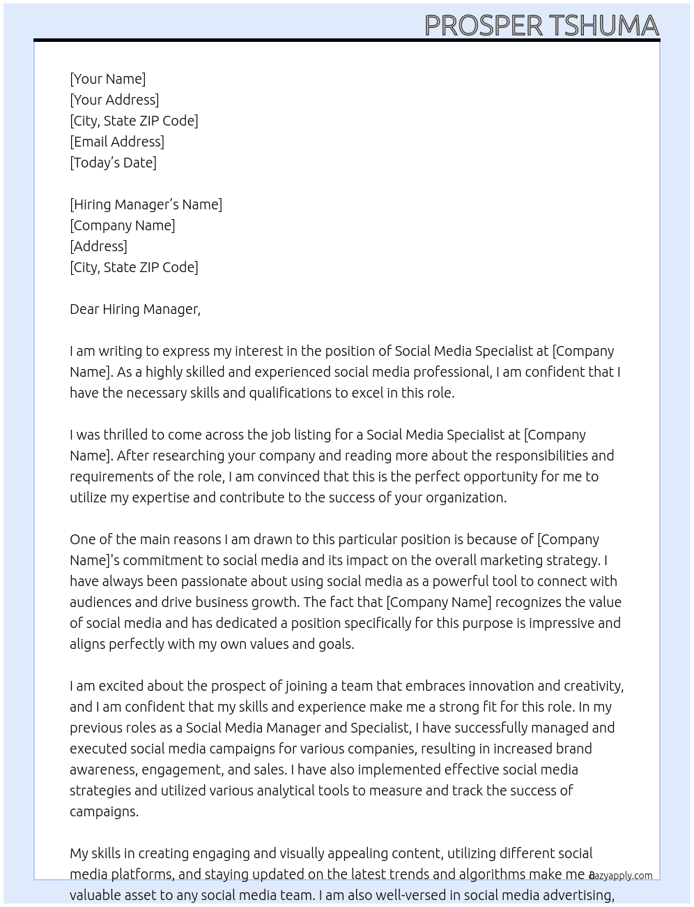 Social Media Specialist At N/A Cover Letter