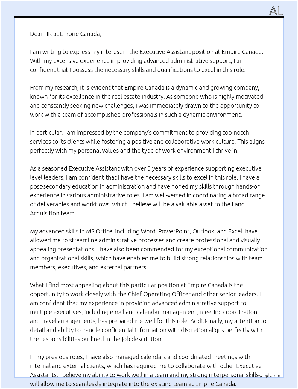 Executive Assistant At Empire Canada Cover Letter