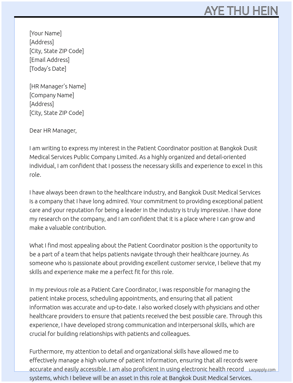 Patient coordinator At Bangkok Dusit Medical Services Public Company Limited Cover Letter